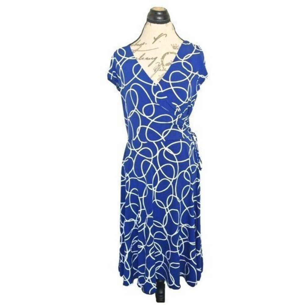 Elizabeth Scott Dress Maxi Size 14  Short Sleeve Blue White Full Length V Neck